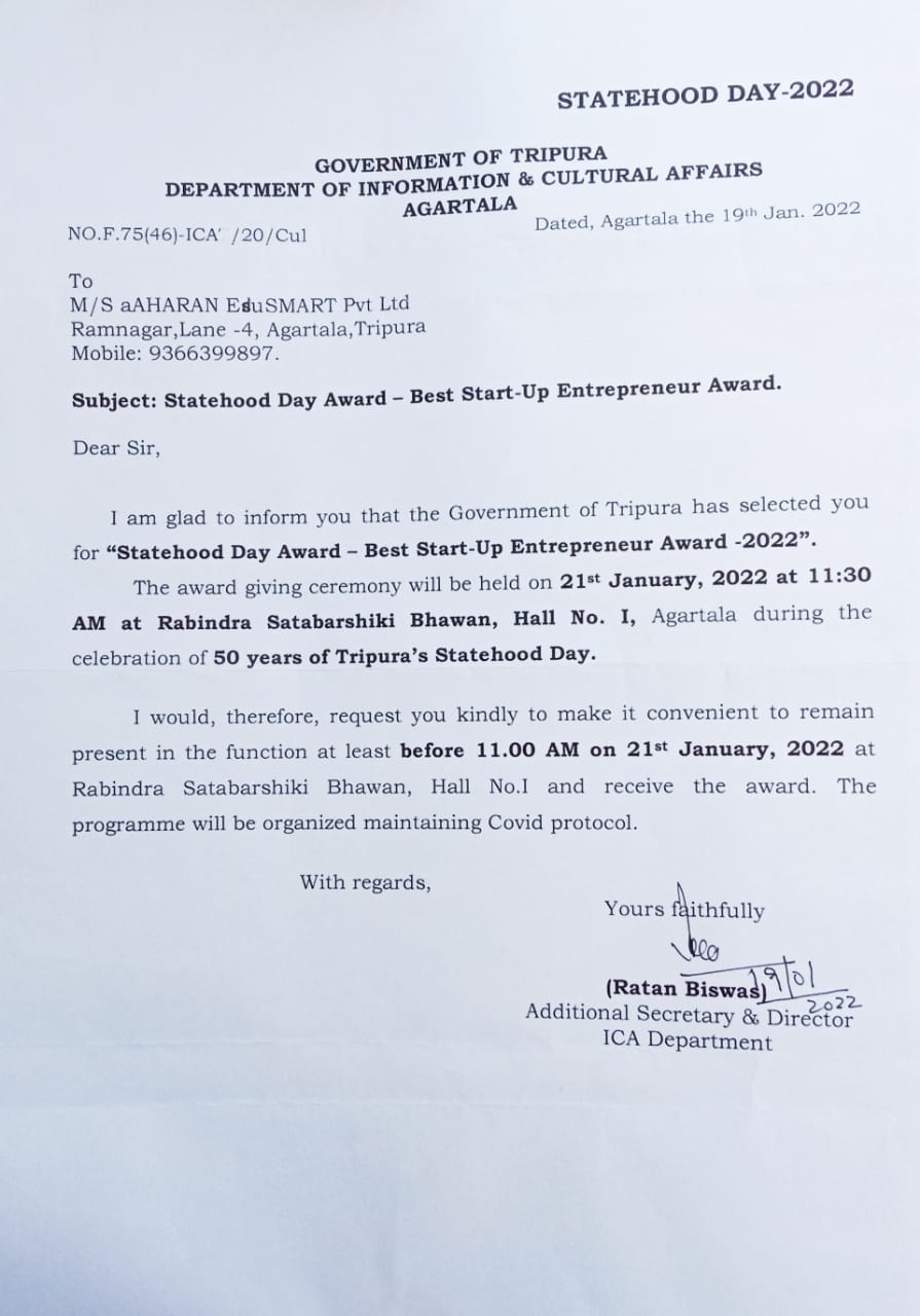 State based learning app aAHARAN awared
