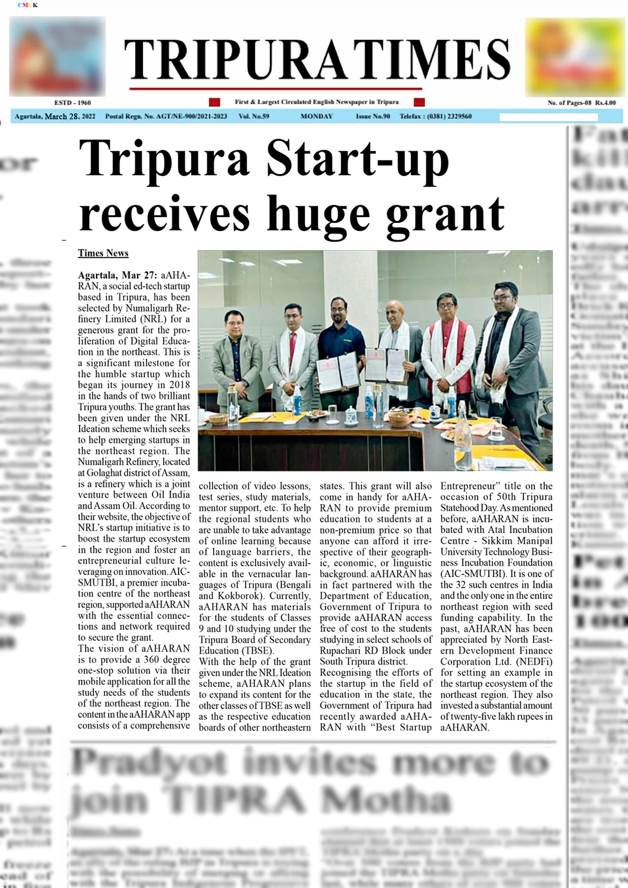 CMO Tripura tweet about aAHARAN award